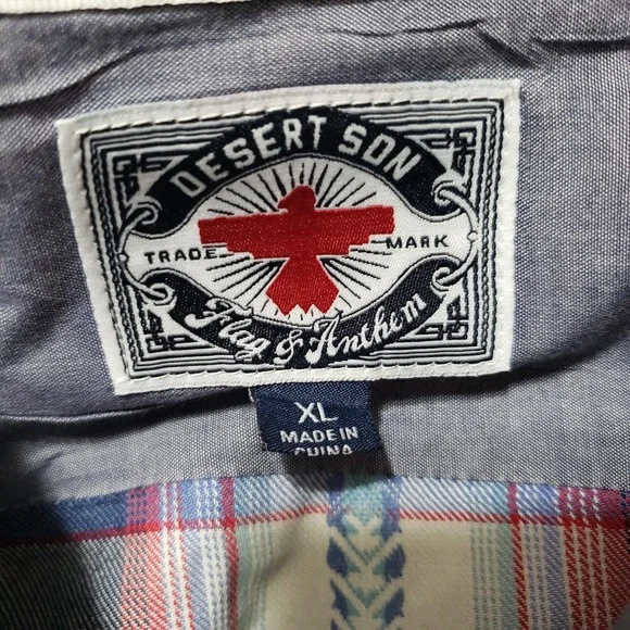 Desert Son Mens Plaid Snap Front Western Shirt XL Red Blue White Feather Print - Picture 4 of 13
